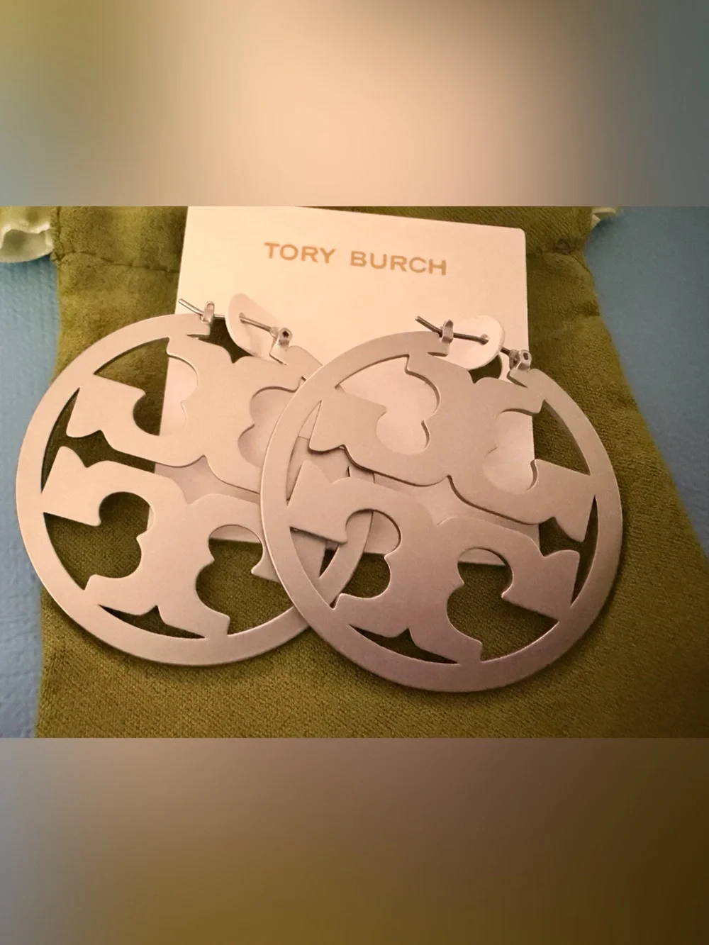 Tory Burch Large Matte Silver Round Logo Cutout Hoop Earrings